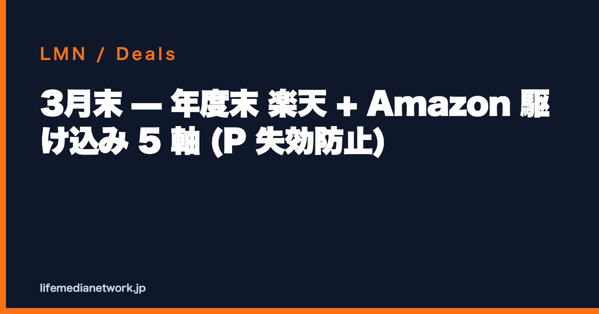 3月末 — 年度末 楽天 + Amazon 駆け込み 5 軸 (P 失効防止)
