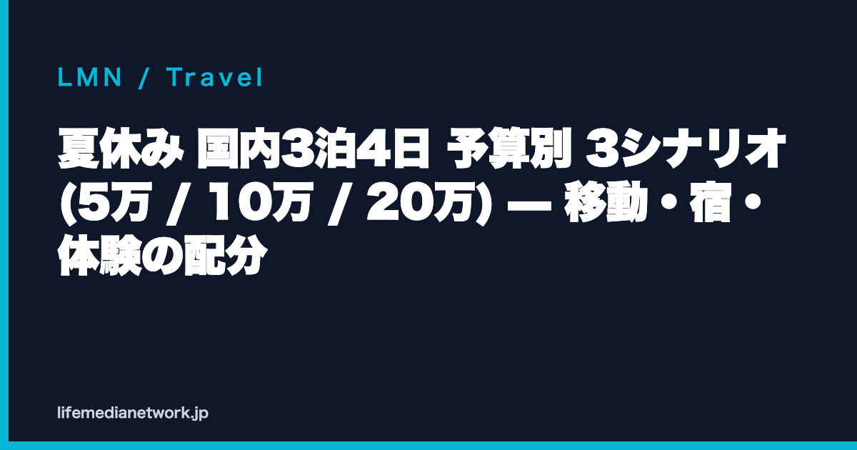 夏休み 国内3泊4日 予算別 3シナリオ (5万 / 10万 / 20万) — 移動・宿・体験の配分
