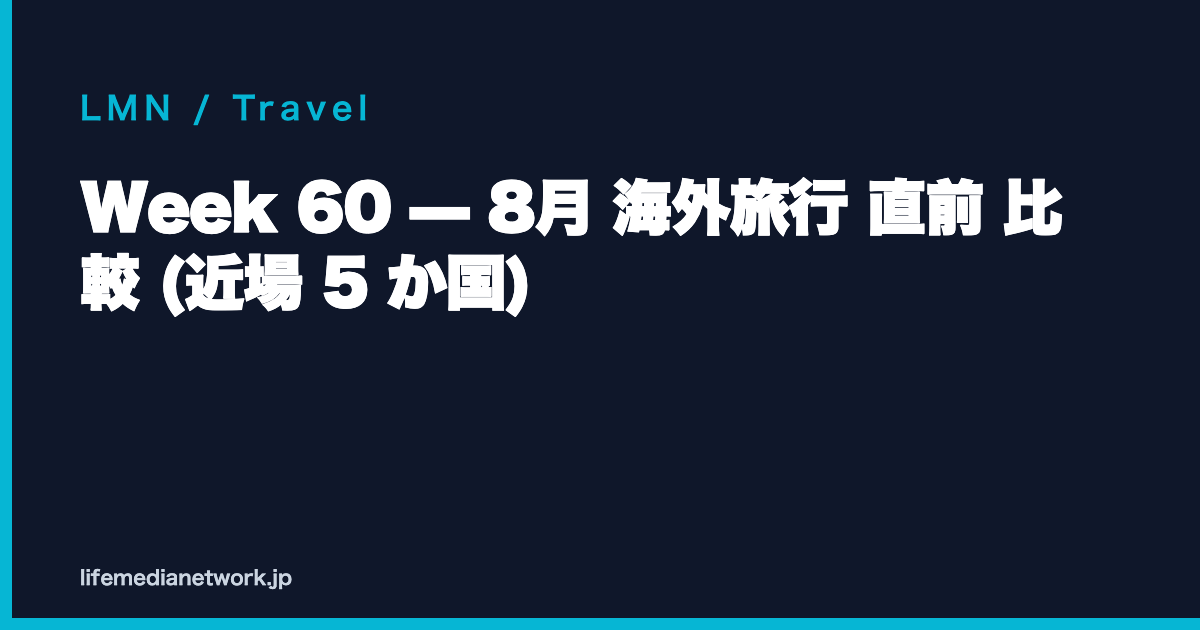 Week 60 — 8月 海外旅行 直前 比較 (近場 5 か国)